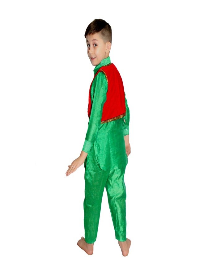 كاكو فانسي دريسيس زي رقص كشميري هندي فاخر من الحرير والبوليستر للأطفال | بدلة باثاني للأولاد - أخضر وأحمر، من 14 إلى 17 سنة - Image 2